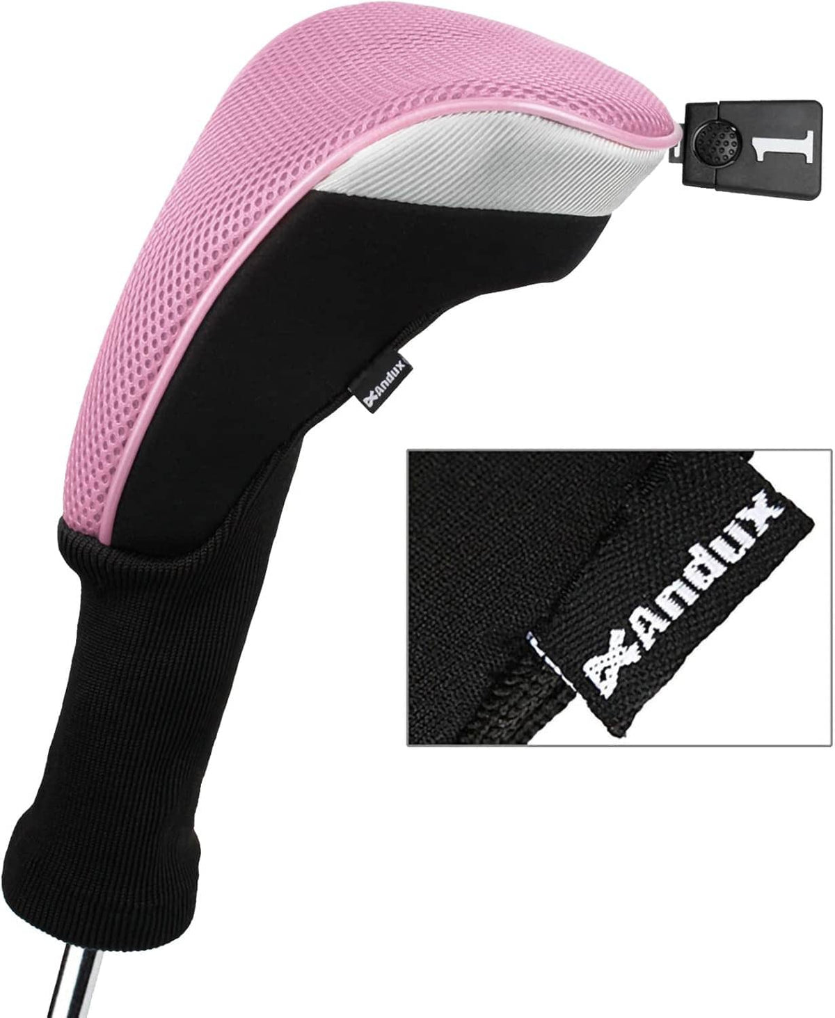 Pink mesh golf club head cover with black long neck and Handy logo tag