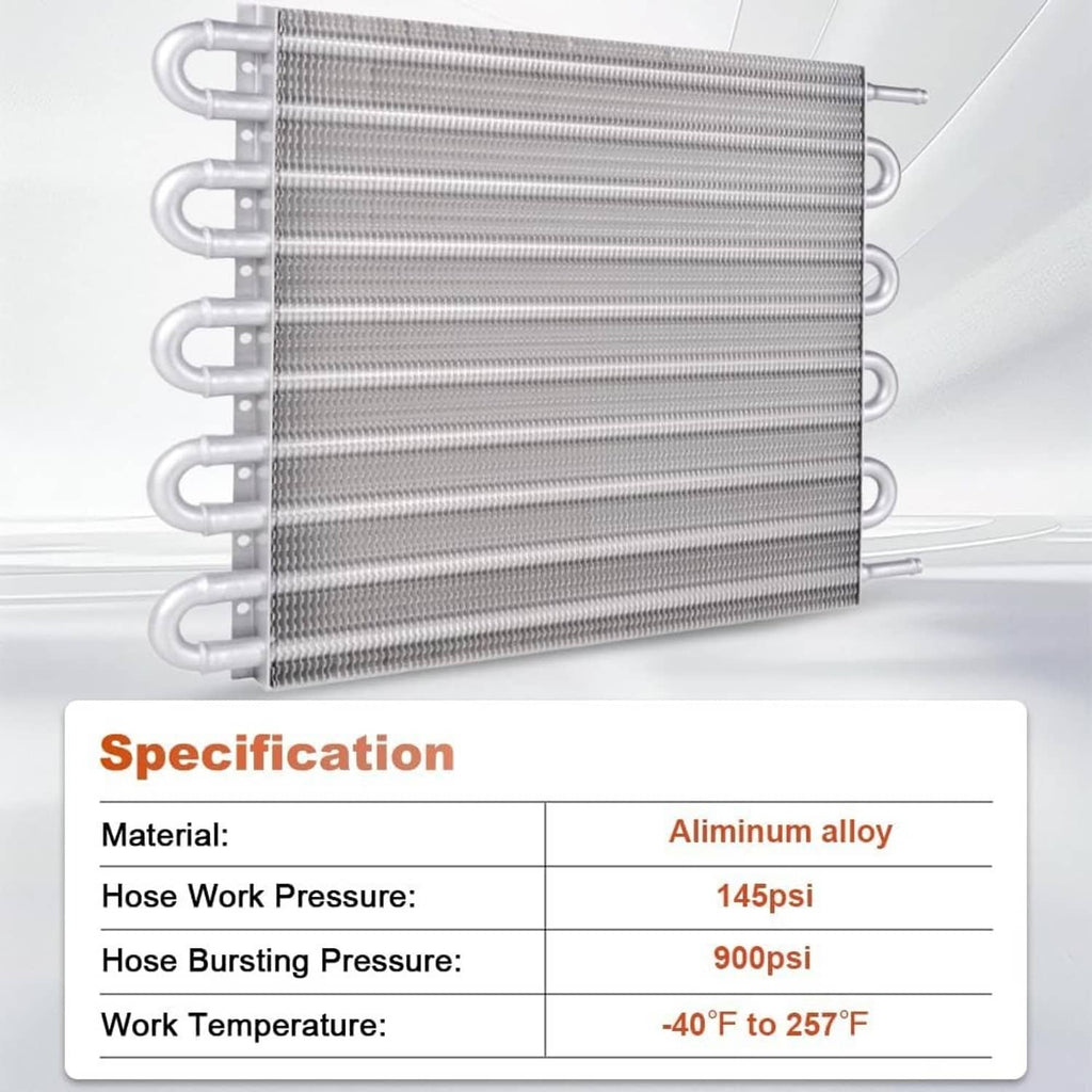 Aluminum oil cooler radiator with multiple tube connections and side mounting fittings