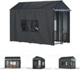 Outdoor dog kennel cover over metal dog kennel with dark fabric canopy and front mesh