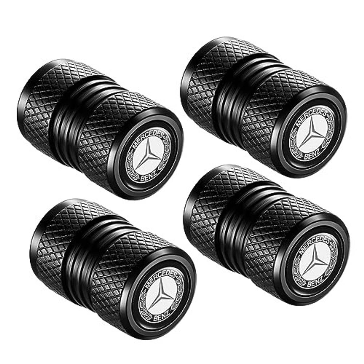 Black valve stem cap set with knurled grip and Mercedes-Benz emblem on circular tops