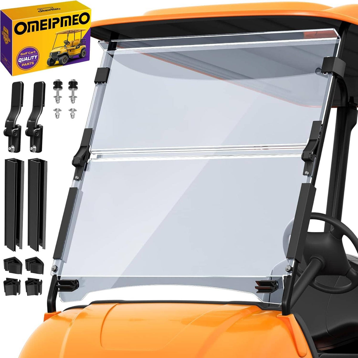 Transparent golf cart windshield panel with black frame and side mounting clamps