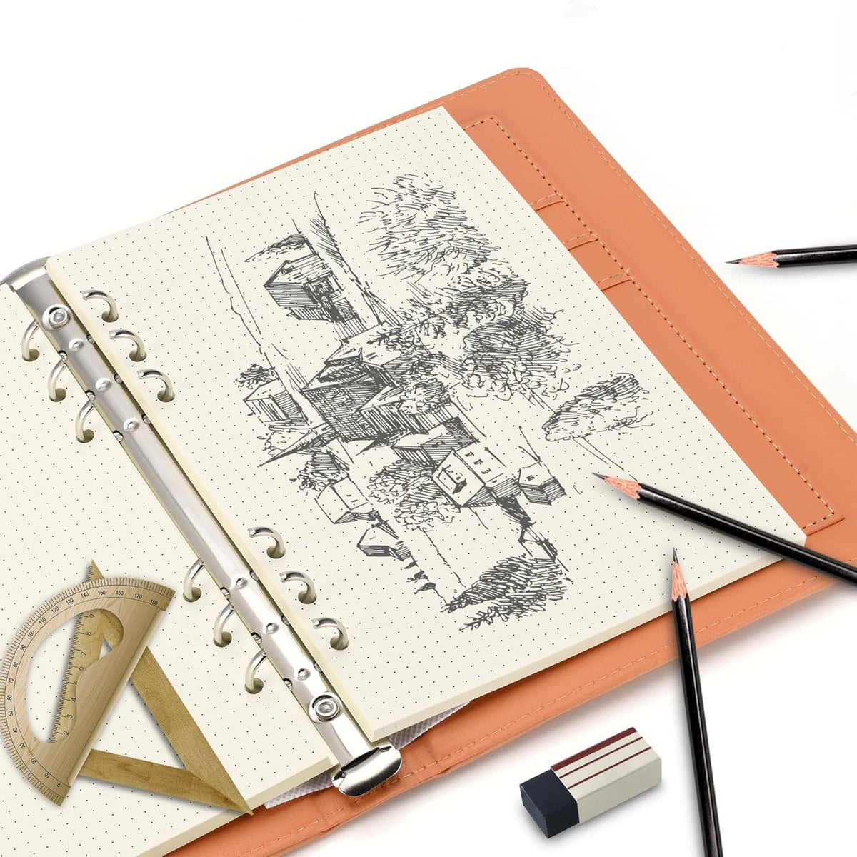 A5 dotted paper refill with 6-hole punch, white dot grid page in orange folder