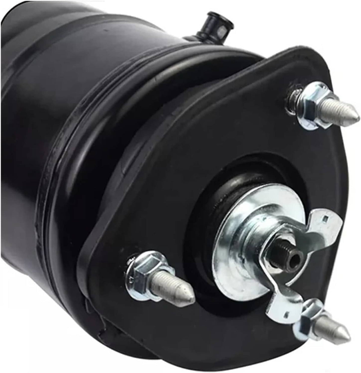 Close-up of black air shock strut top mount with metal bracket and bolts
