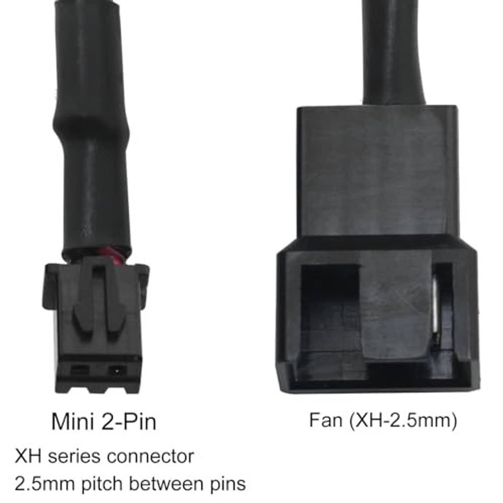 Close-up of mini 2-pin JST XH and 4-pin fan (XH-2.5mm) connectors on adapter cable