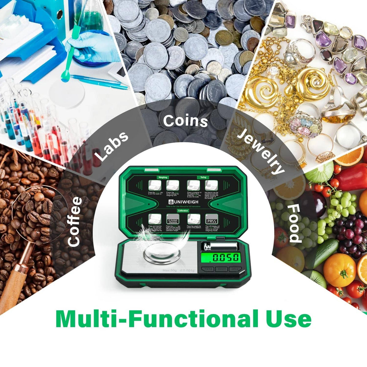 Milligram scale with open weighing pan and green LCD display for small items