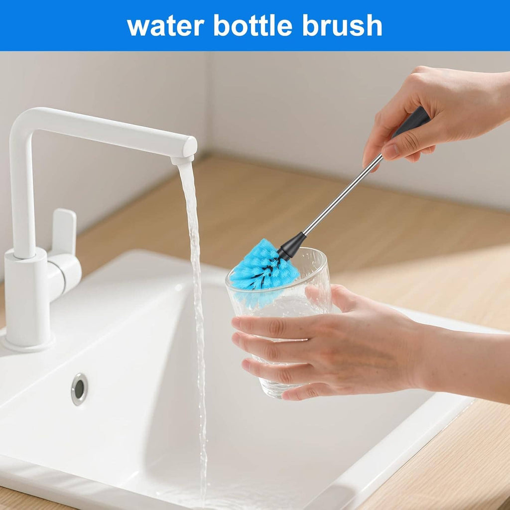 Bottle cleaning brush washing a clear glass cup with blue bristles under running water
