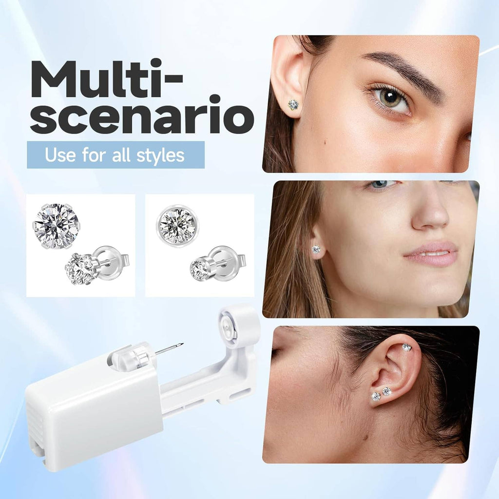 Self ear piercing gun kit with white gun and silver stud earrings for ears