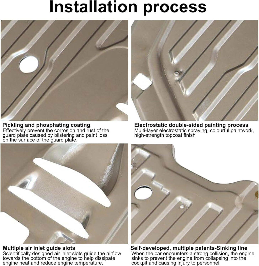 Under-engine splash shield panel, silver with mounting holes, shown after installation
