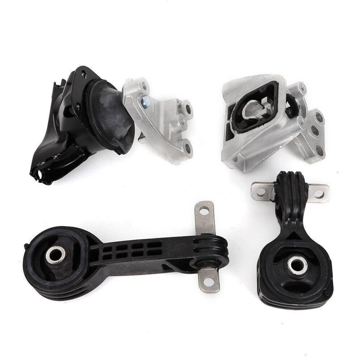 Engine mount set with black and silver torque strut mounts and rubber isolators