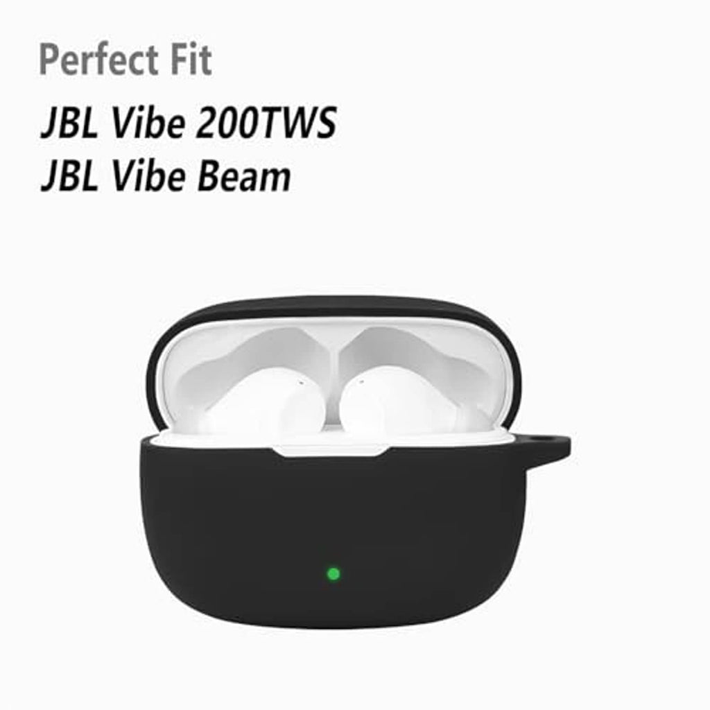 Black silicone earbud charging case with lid open, white earbuds inside