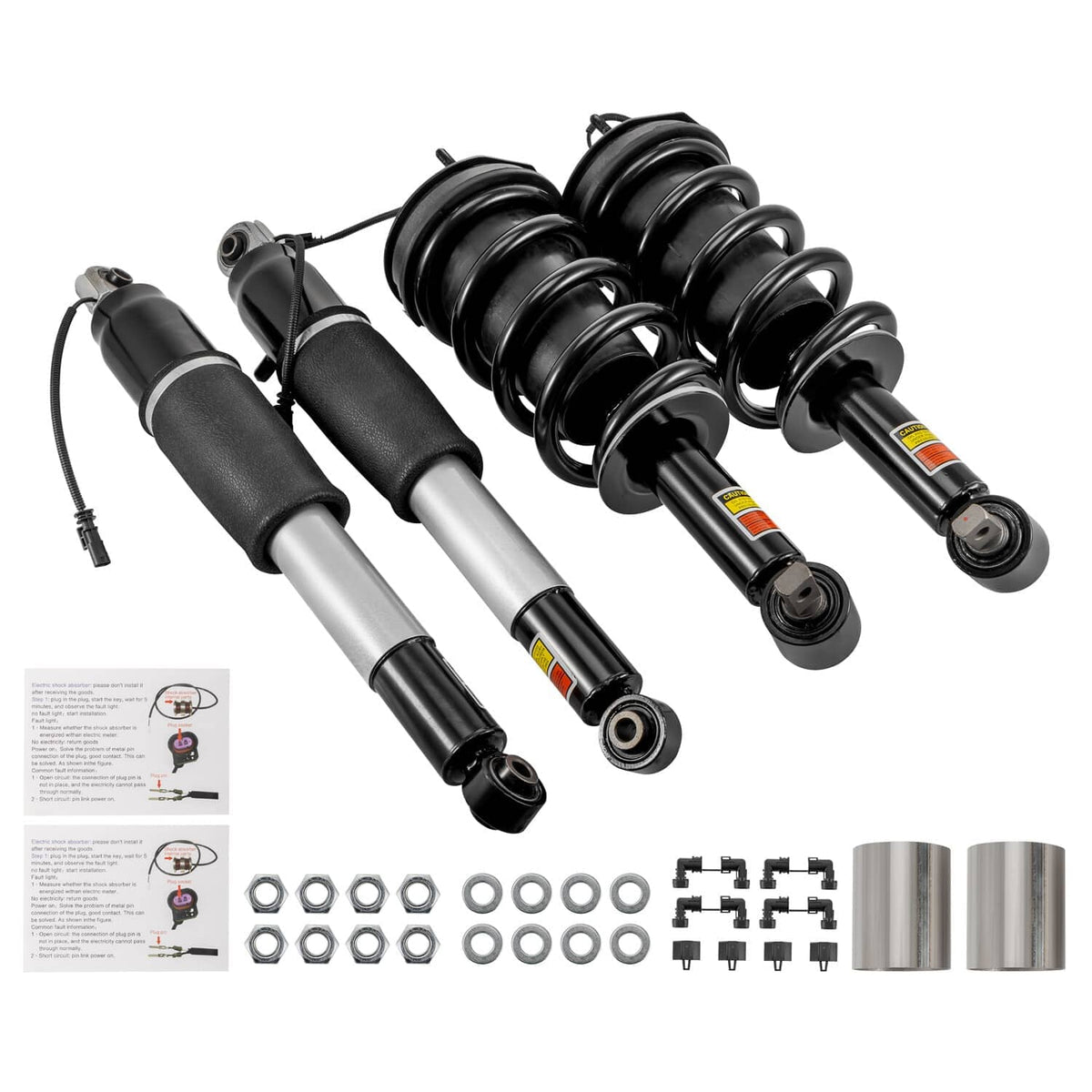 Car shock strut set with black cylinder tops, silver bodies, and included mounting parts