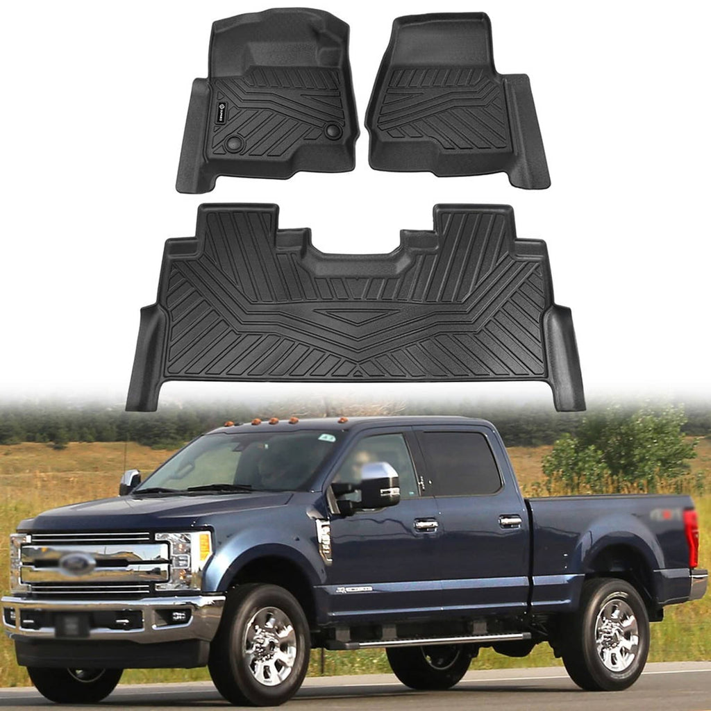 Black TPE floor mat set for front and rear with deep grooves and raised edges