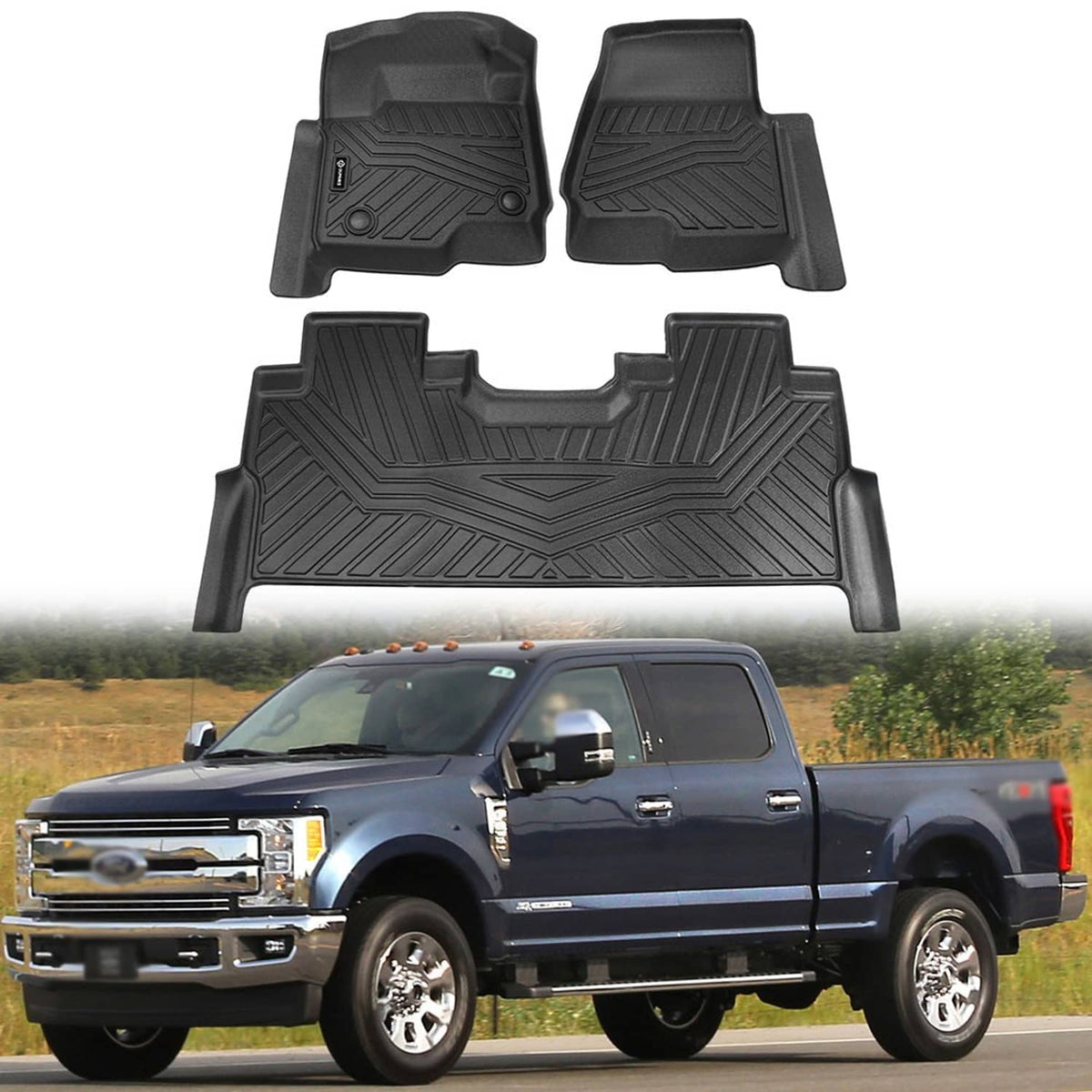 Black TPE floor mat set for front and rear with deep grooves and raised edges