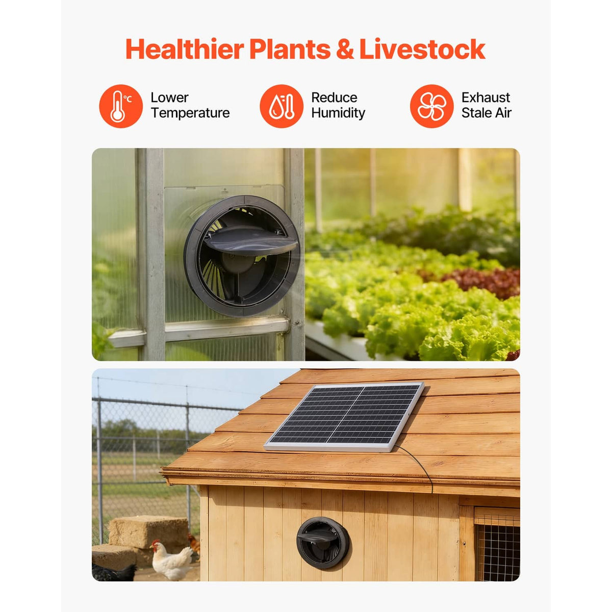 Solar ventilation fan with black round vent fan and rooftop solar panel on wood coop