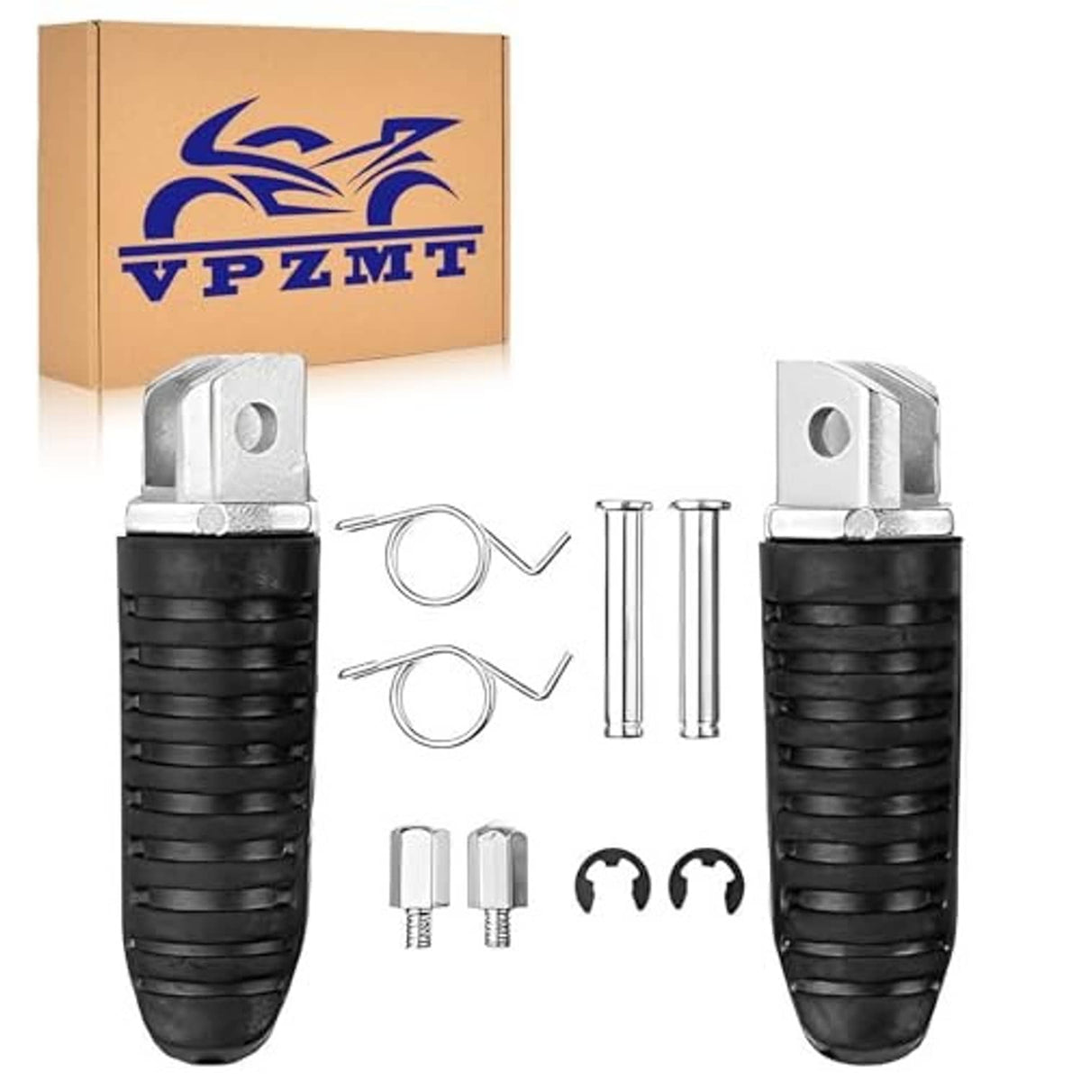 Pair of front footrests with black rubber boots and silver brackets, shown with included mounting parts.