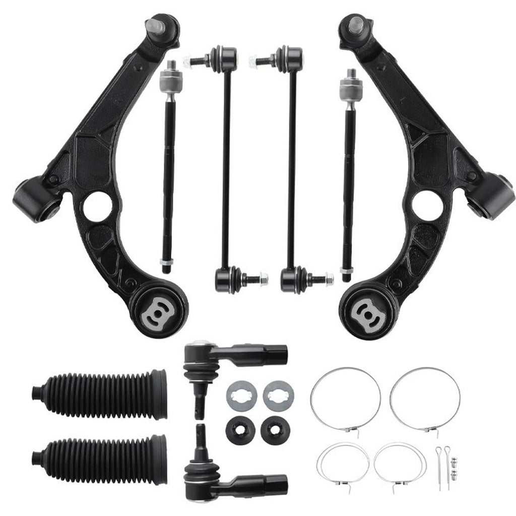 Suspension control arms with preassembled tie rods, bushings, and rubber boots