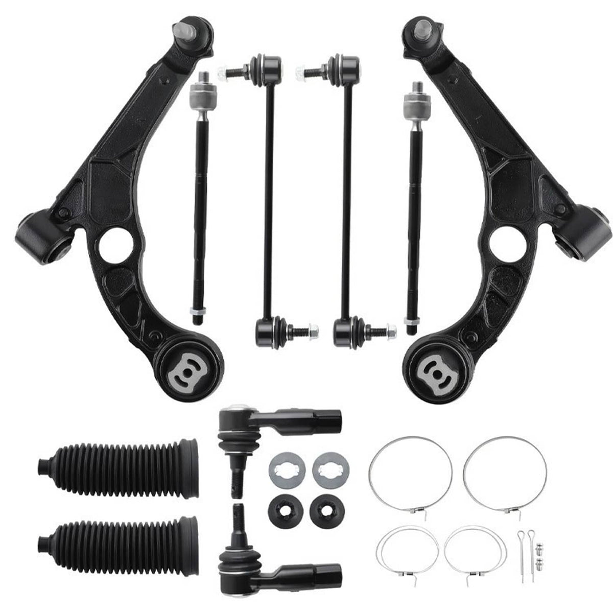 Suspension control arms with preassembled tie rods, bushings, and rubber boots