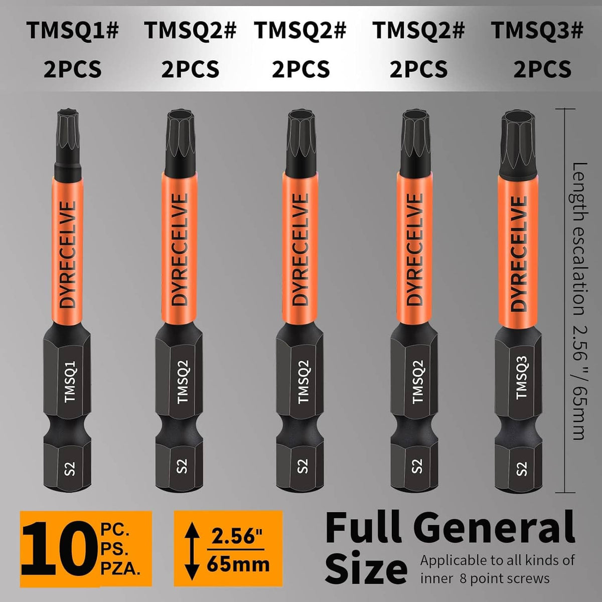 Torx star and double square bit set, 10 bits shown with black double-square ends