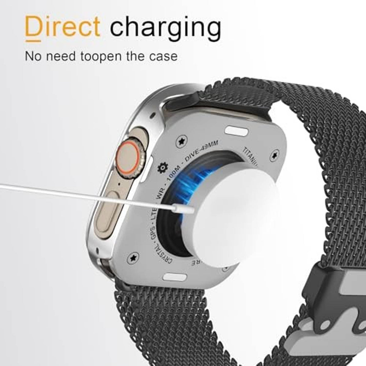 Silver metal watch case with cutout for direct charging
