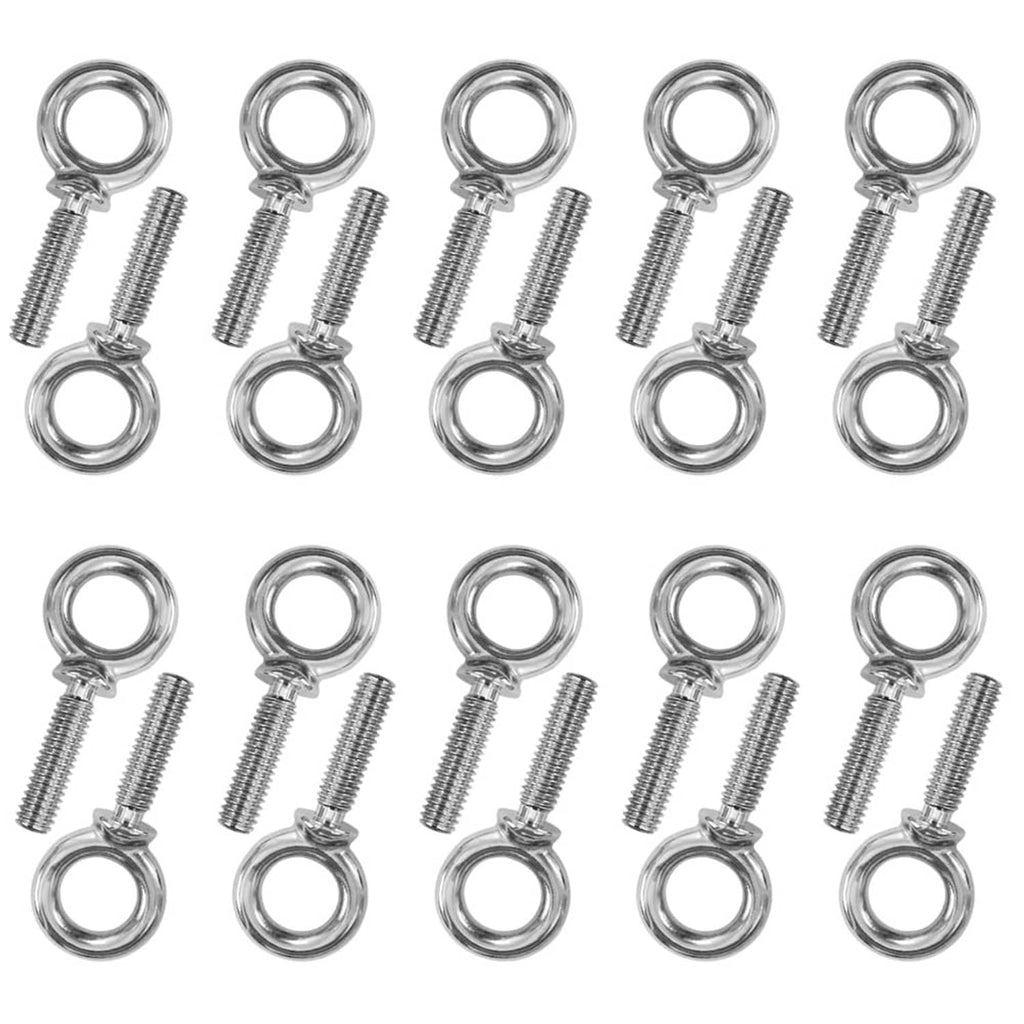 Set of silver lifting eye bolts with threaded stems and circular loops