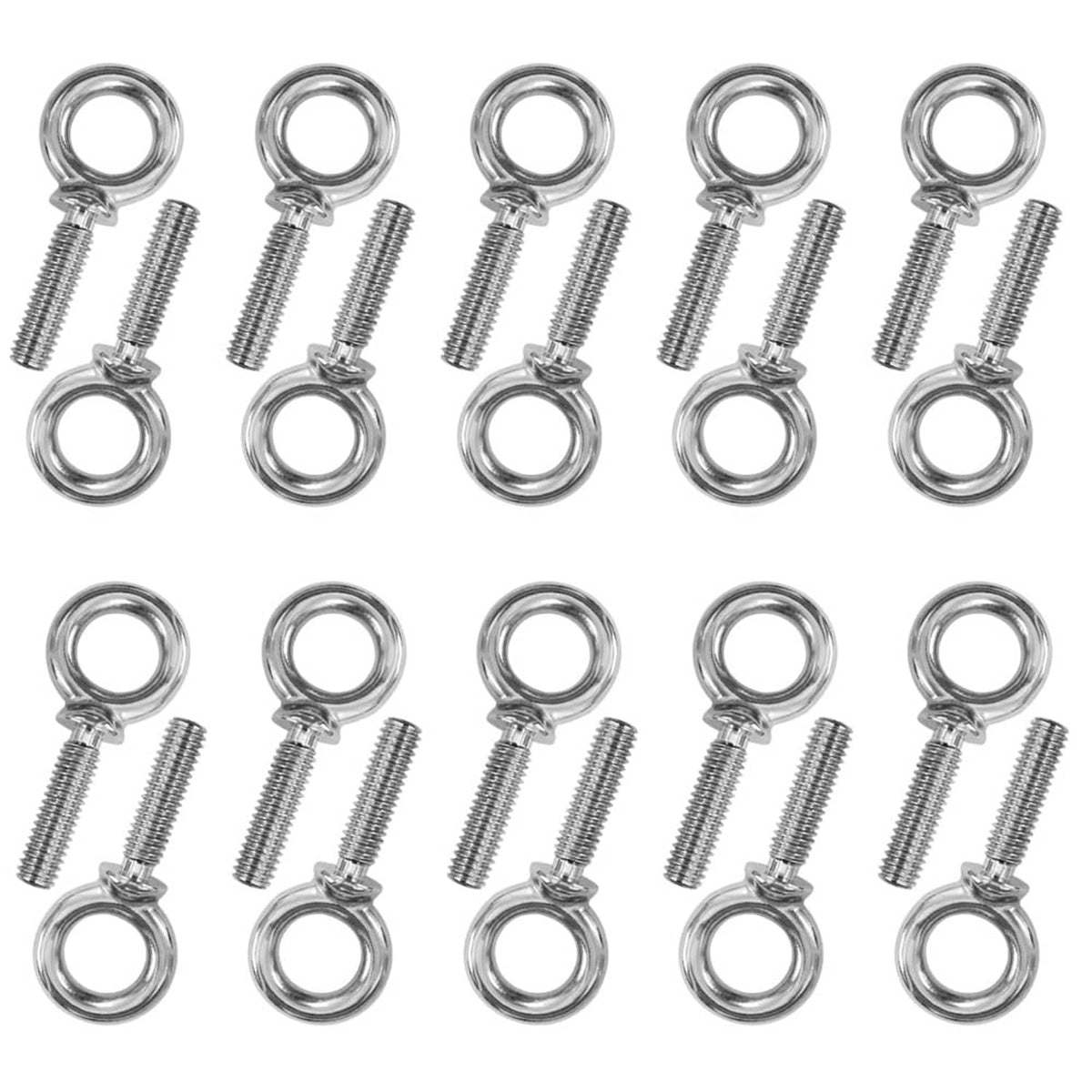 Set of silver lifting eye bolts with threaded stems and circular loops