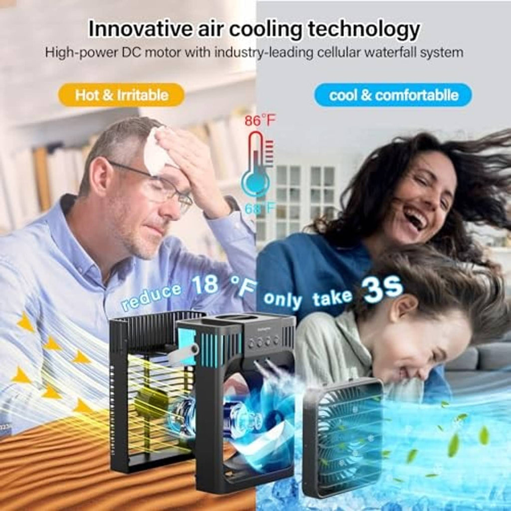 Portable air conditioner unit with vent grille and illustrated cooling airflow diagram