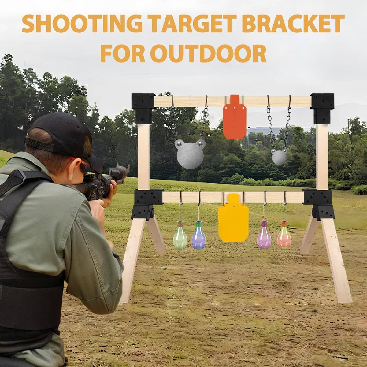 Outdoor shooting target stand with black mounting brackets, wood stakes, and hanging hooks