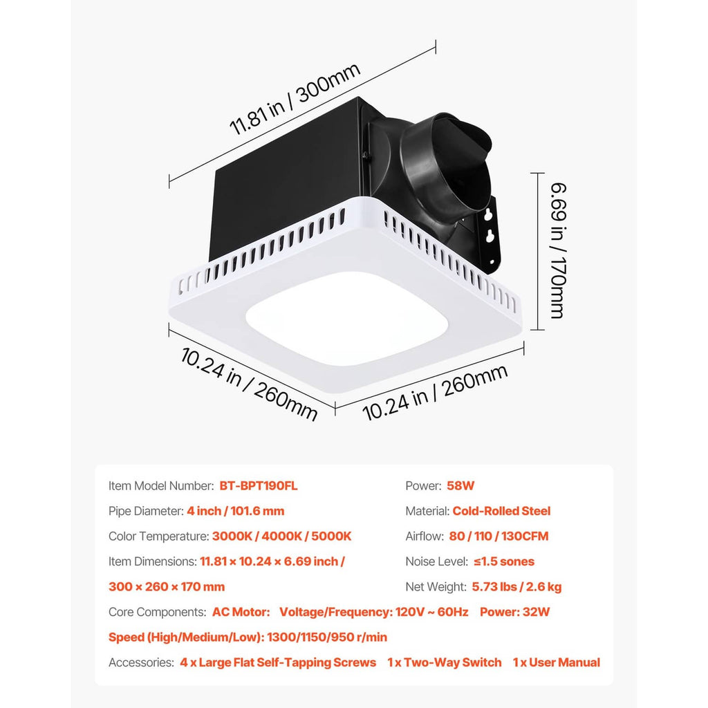 Bathroom ventilation fan with LED light, angled ceiling unit with black duct