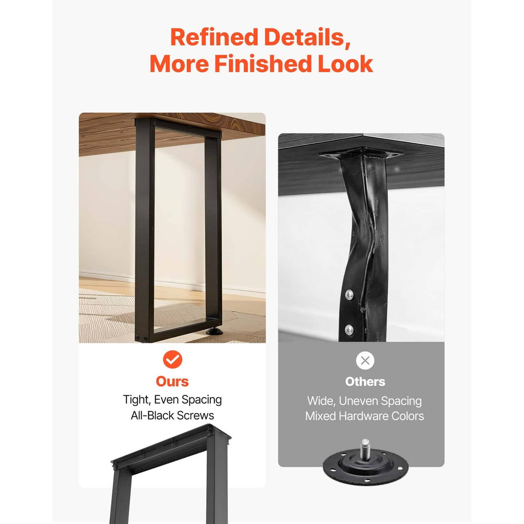 Black steel table legs with tight spacing and corner bolts, set of 2 with rubber feet