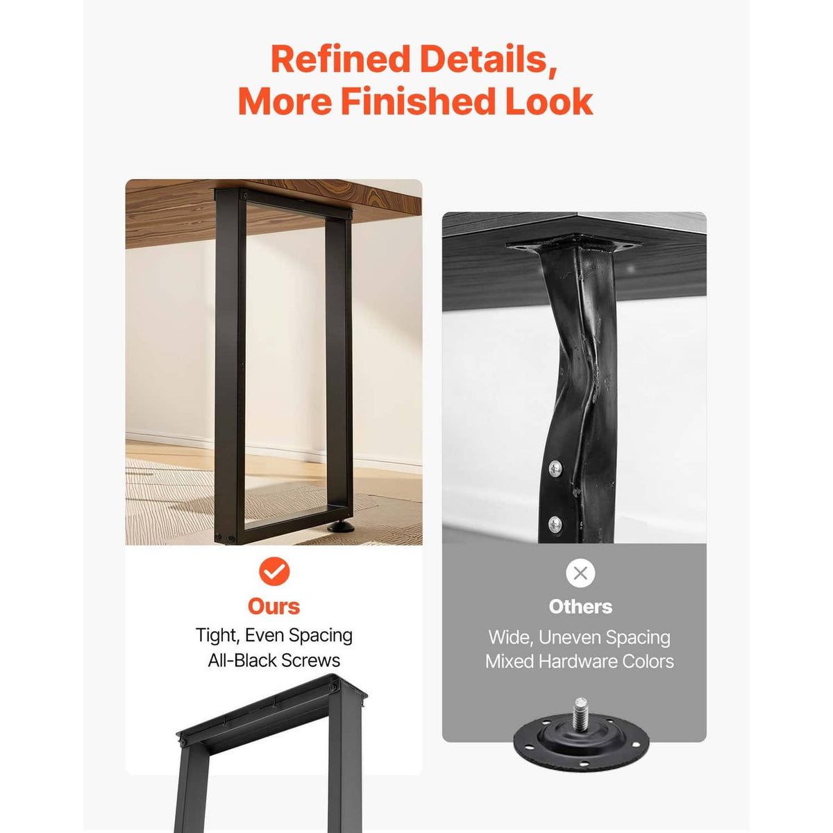 Black steel table legs with tight spacing and corner bolts, set of 2 with rubber feet