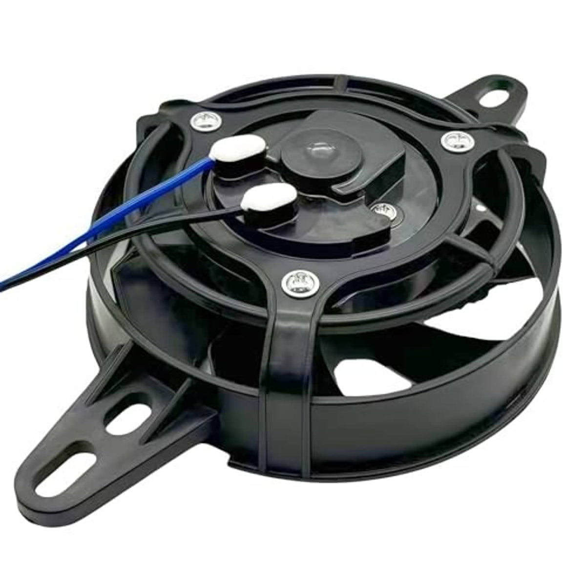 12V DC radiator cooling fan assembly with fan guard, blue-and-black wires, mounting arms.