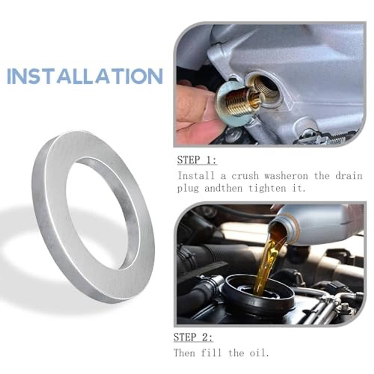 Oil drain plug crush washer gasket installation step with a loose engine plug