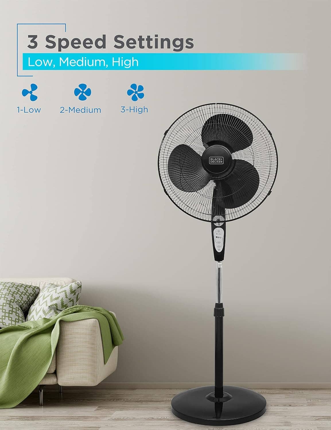 Black stand fan on pedestal base with control panel and 3-speed settings icons
