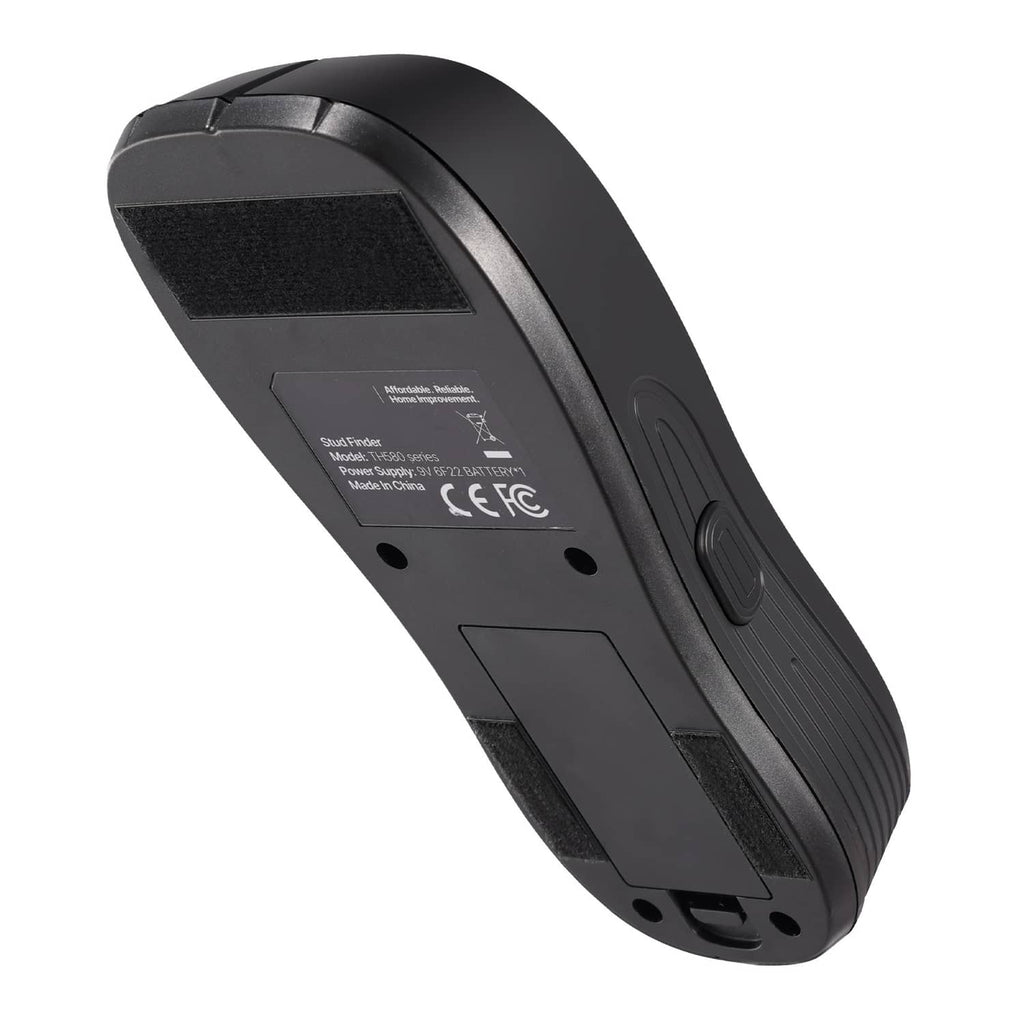 Black wall scanner underside with labels, battery door, and power port