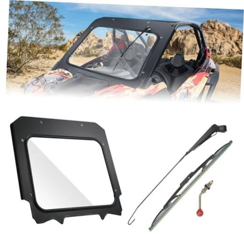 Black glass windshield panel with manual wiper arm and mounting hardware