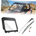 Black glass windshield panel with manual wiper arm and mounting hardware