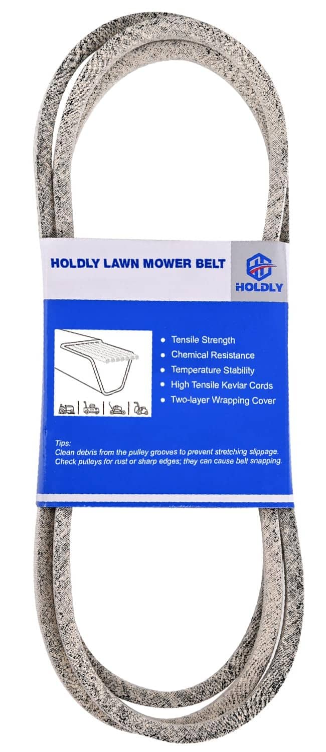 Gray speckled mower deck belt with blue Holdly label on white wrap.