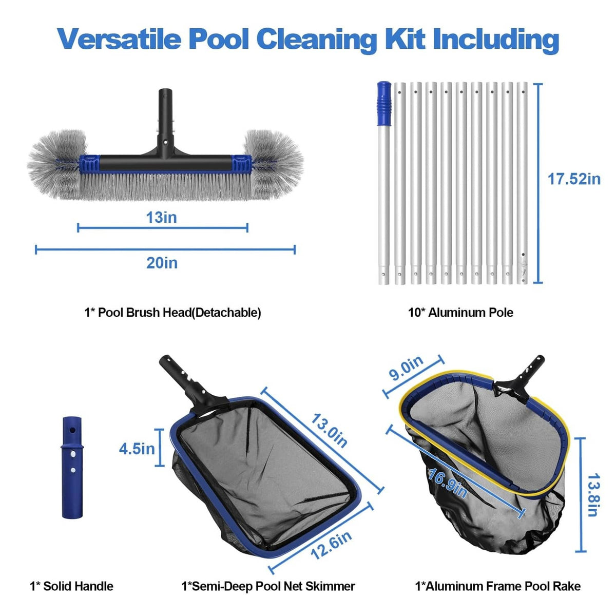 Pool cleaning kit: blue-and-yellow brush, skimmer net, and aluminum pole set