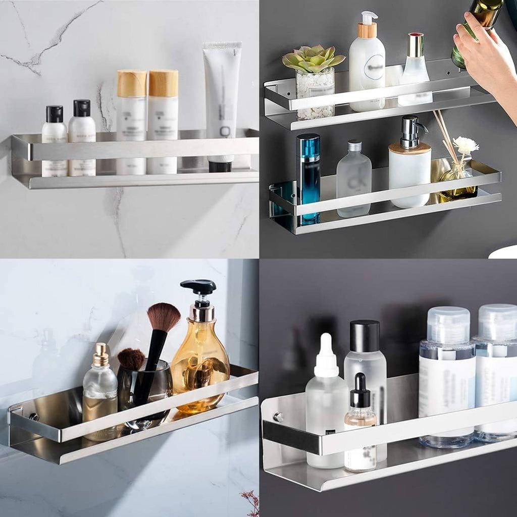 Two-tier stainless steel shower shelf holding skincare bottles, soap, and containers