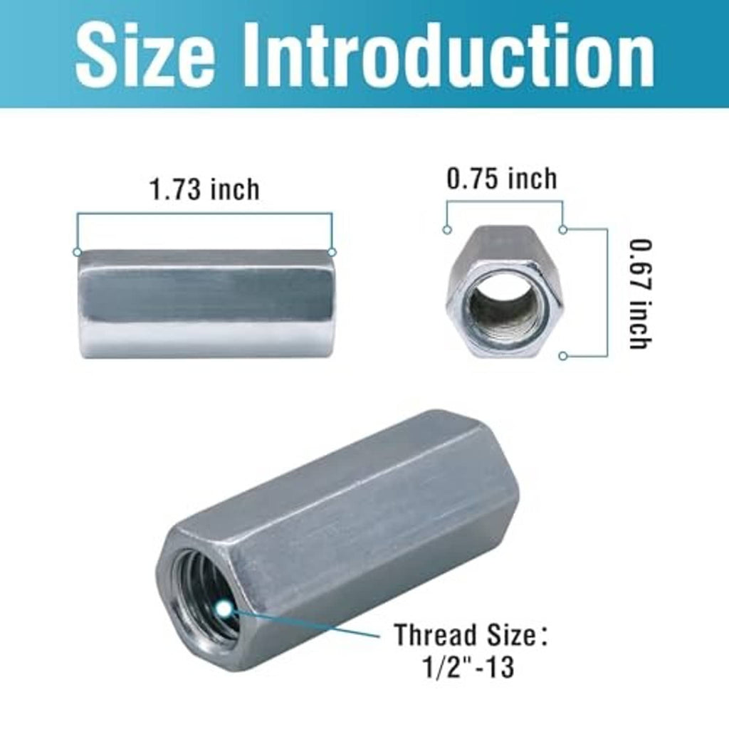 Silver hex coupling nut with internal threads and shown length of 1.73 in