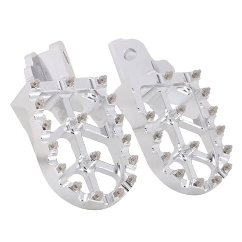 Silver motorcycle foot pegs set with traction pins and side reflect cutouts