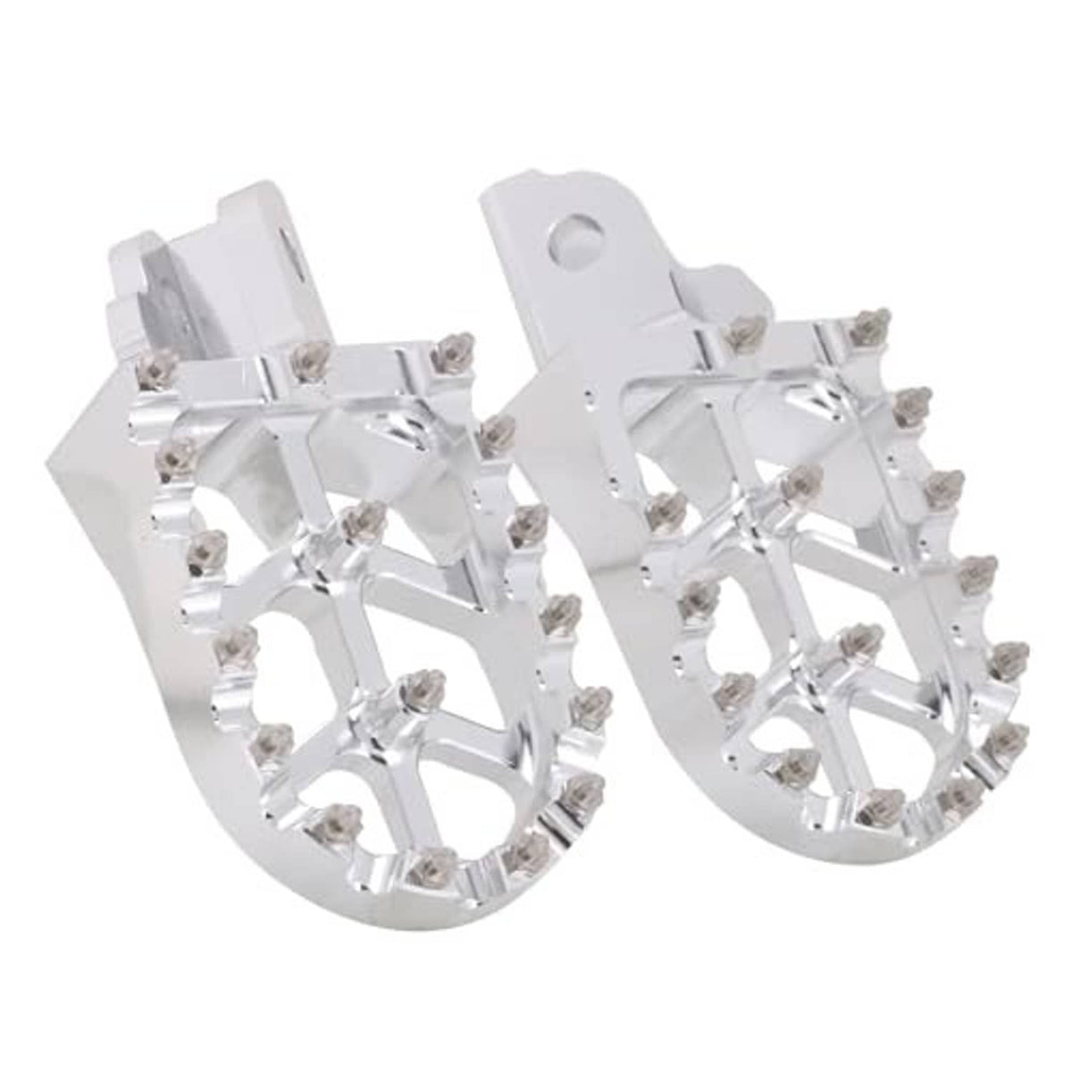 Silver motorcycle foot pegs set with traction pins and side reflect cutouts