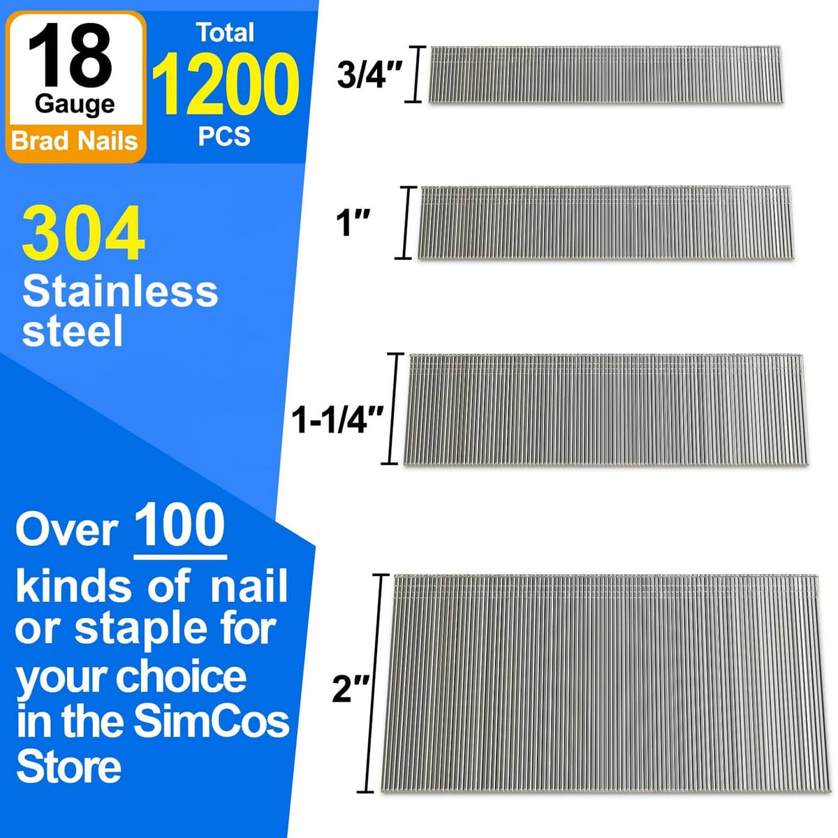 Stainless steel brad nail strips labeled 3/4", 1", 1-1/4", and 2"