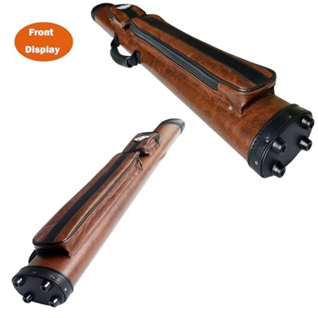Brown hard-shell pool cue case with padded handle, end tube caps, and zipper pocket