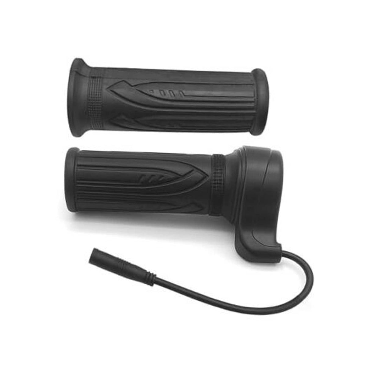 Black e-bike twist throttle grip pair with attached cable and right-side throttle housing