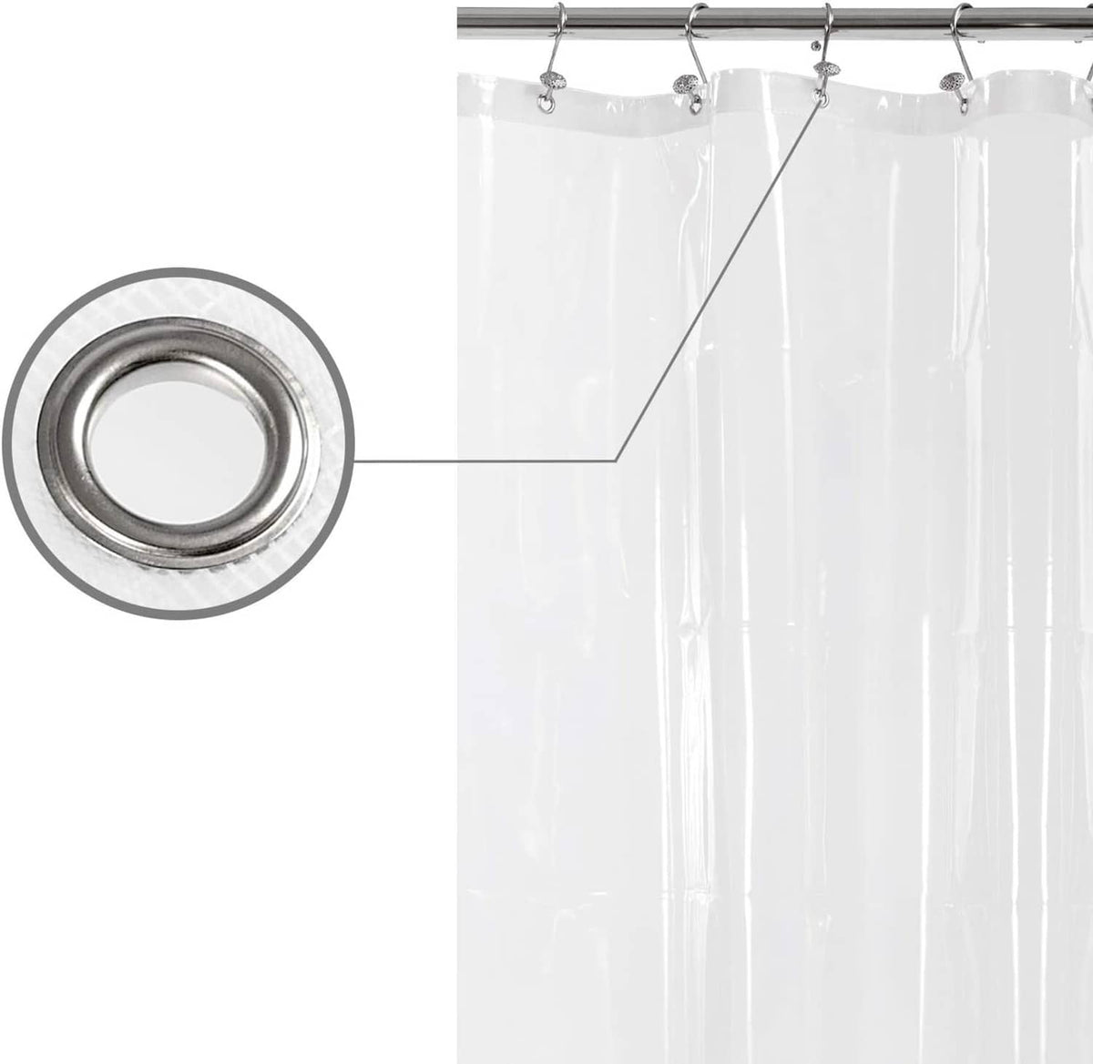 Clear shower liner with metal grommet eyelets and hanging hooks on a rod