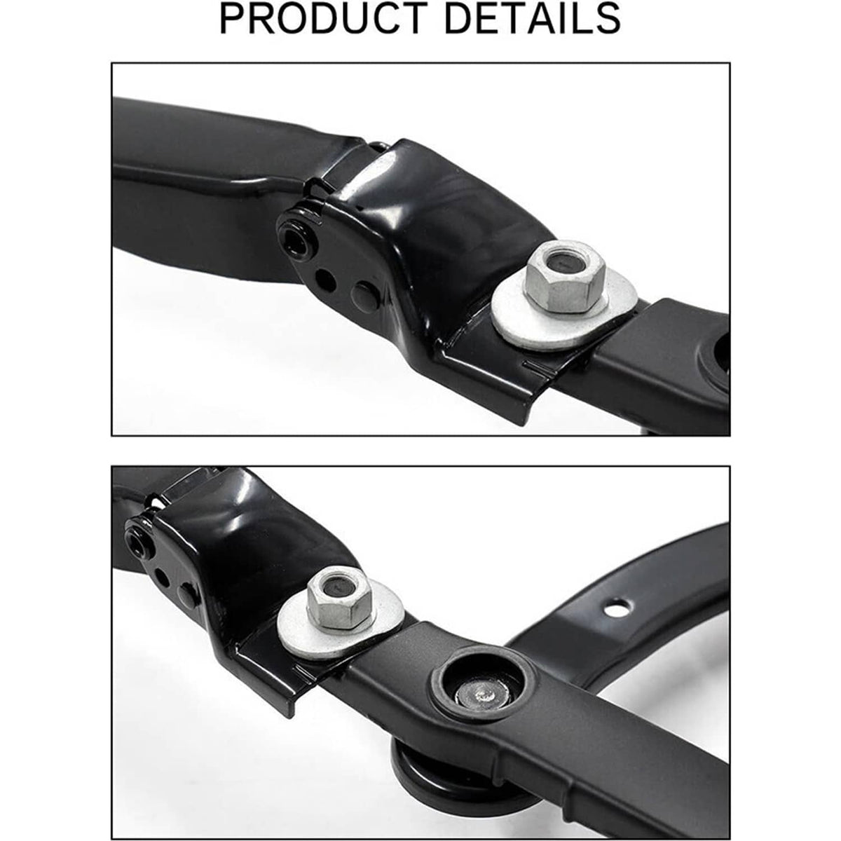 Black windshield wiper arm hardware close-up with bolt and pivot points