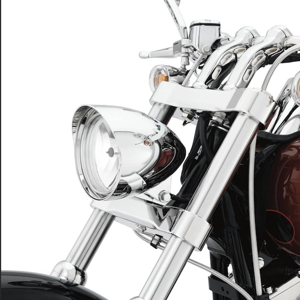 Chrome bullet motorcycle headlight with clear reflector lens on fork-mounted bracket