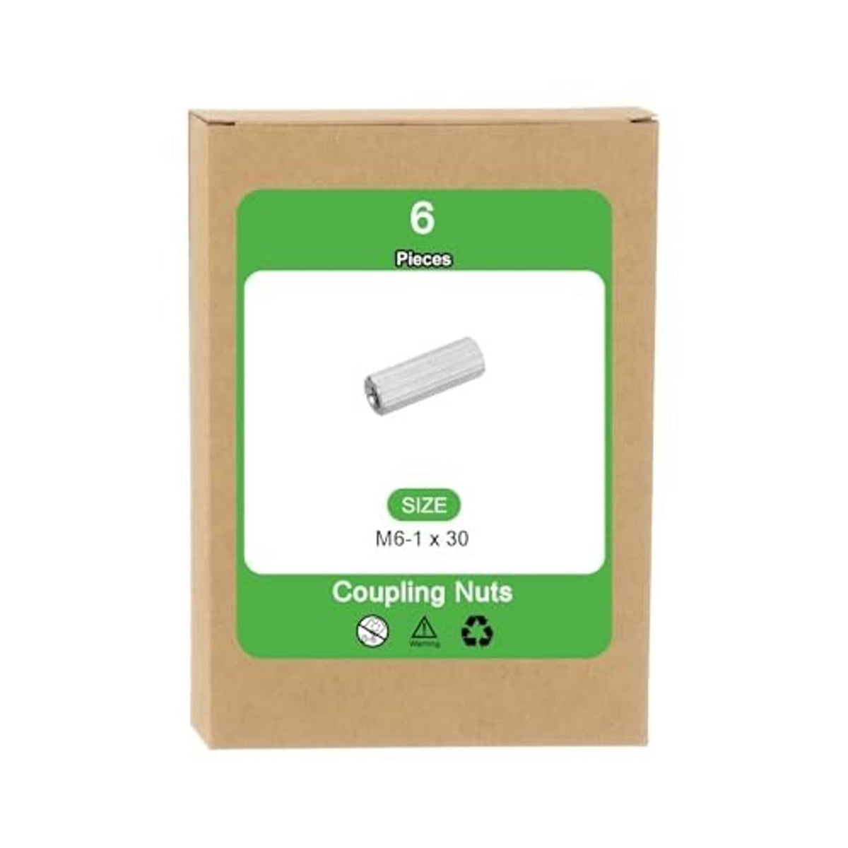 Package of 6 coupling nuts, M6 x 30 size, hex sleeve