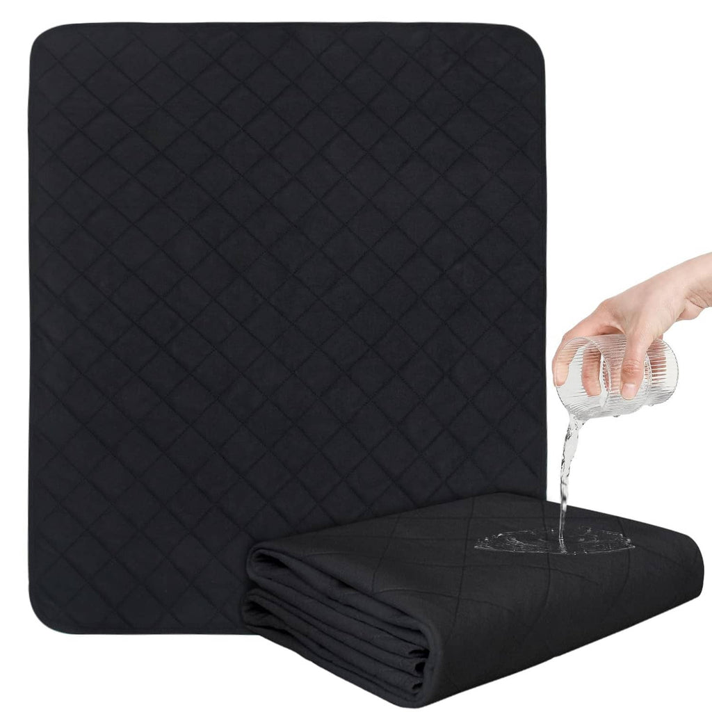 Black washable incontinence bed pad, quilted square with folded edge